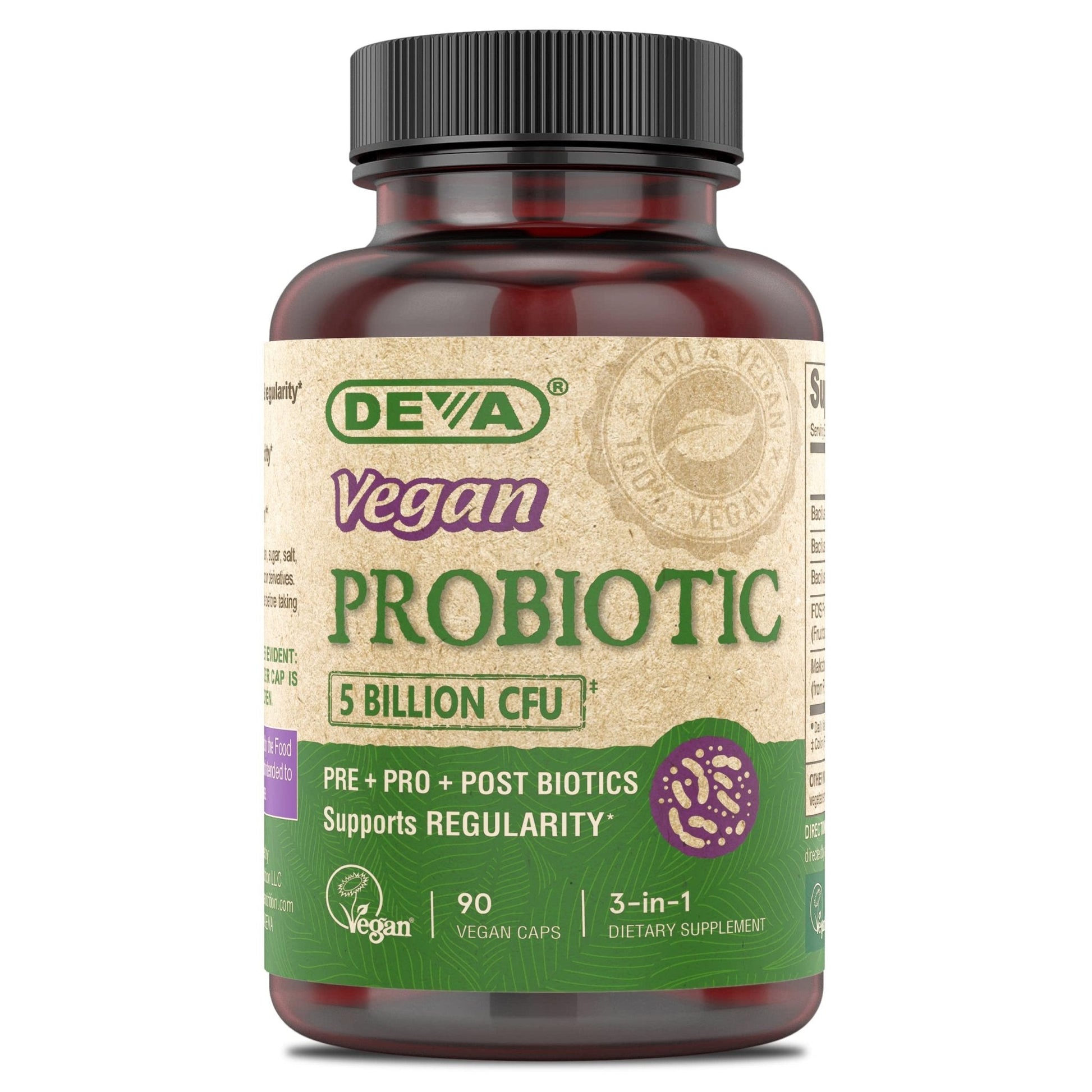 DEVA Vegan Probiotic Supplement - Pre, Pro, and Postbiotics for Digestive Health, 5 Billion CFU, Soil-Based, Spore-Forming, Dairy Free, FOS Prebiotics - Maple Wellness Supplements