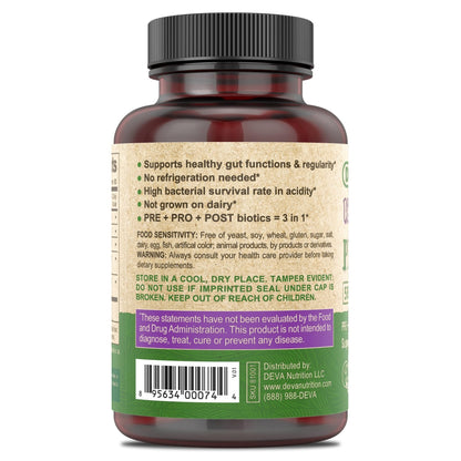 DEVA Vegan Probiotic Supplement - Pre, Pro, and Postbiotics for Digestive Health, 5 Billion CFU, Soil-Based, Spore-Forming, Dairy Free, FOS Prebiotics - Maple Wellness Supplements