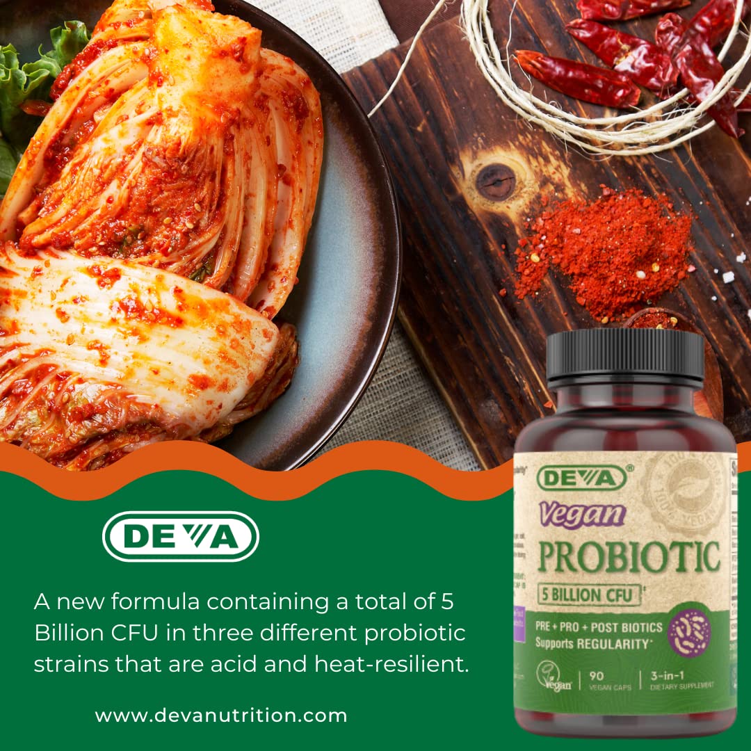 DEVA Vegan Probiotic Supplement - Pre, Pro, and Postbiotics for Digestive Health, 5 Billion CFU, Soil-Based, Spore-Forming, Dairy Free, FOS Prebiotics - Maple Wellness Supplements