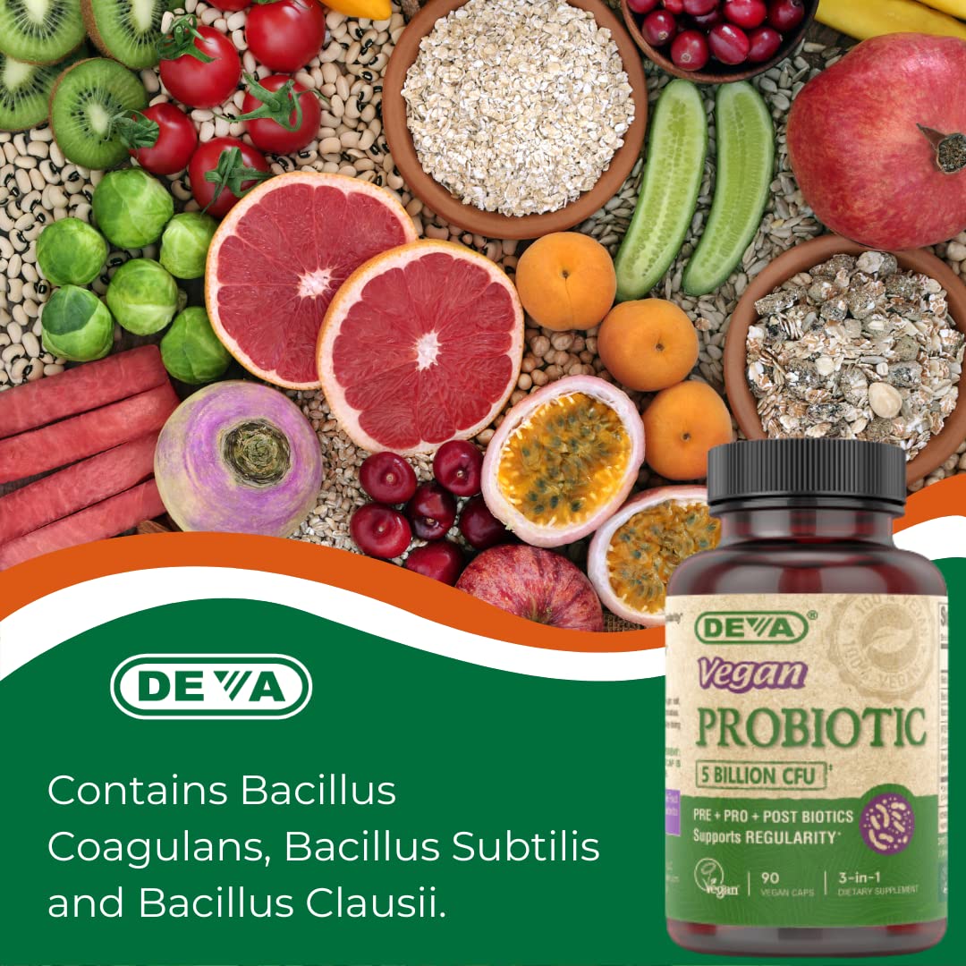 DEVA Vegan Probiotic Supplement - Pre, Pro, and Postbiotics for Digestive Health, 5 Billion CFU, Soil-Based, Spore-Forming, Dairy Free, FOS Prebiotics - Maple Wellness Supplements