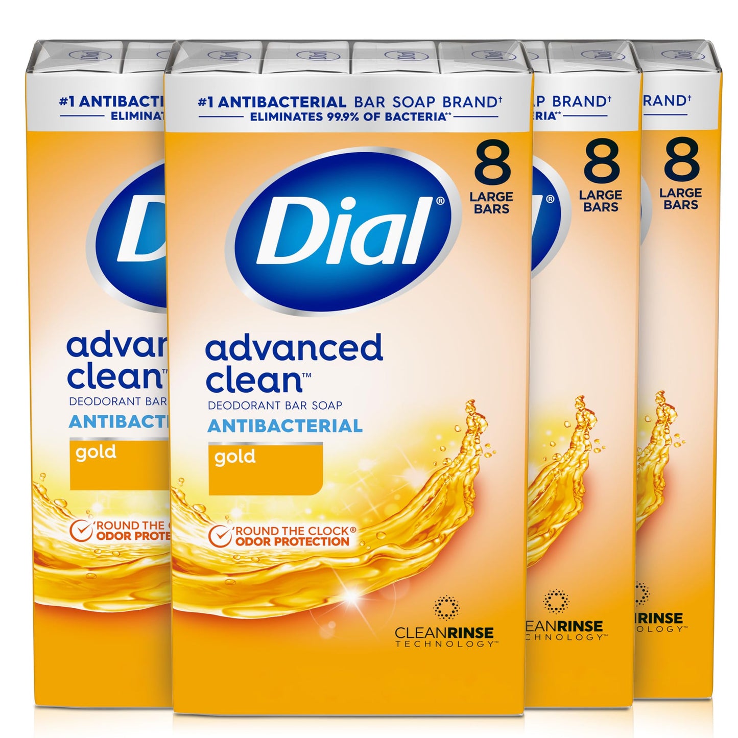 Dial Antibacterial Deodorant Bar Soap, Advanced Clean Gold, 4 Oz, 32 Bars, Round the Clock Odor Protection - Maple Wellness Supplements