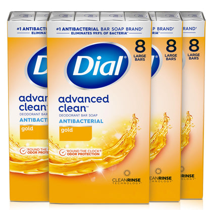 Dial Antibacterial Deodorant Bar Soap, Advanced Clean Gold, 4 Oz, 32 Bars, Round the Clock Odor Protection - Maple Wellness Supplements