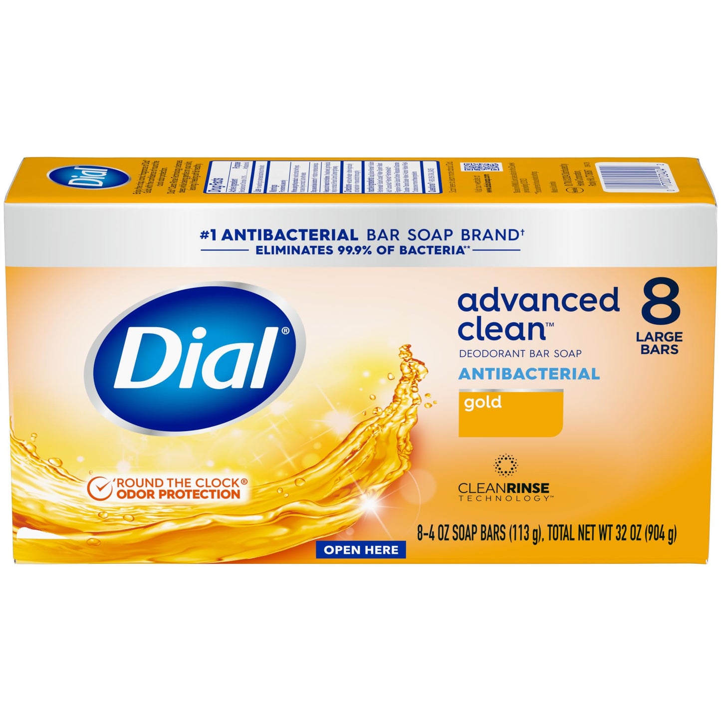 Dial Antibacterial Deodorant Bar Soap, Advanced Clean Gold, 4 Oz, 32 Bars, Round the Clock Odor Protection - Maple Wellness Supplements
