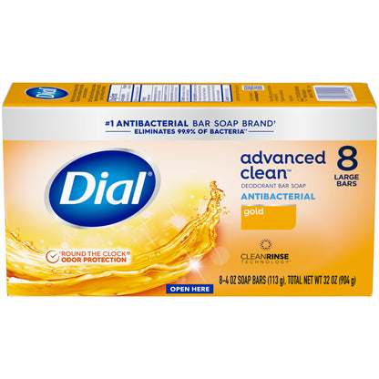 Dial Antibacterial Deodorant Bar Soap, Advanced Clean Gold, 4 Oz, 32 Bars, Round the Clock Odor Protection - Maple Wellness Supplements