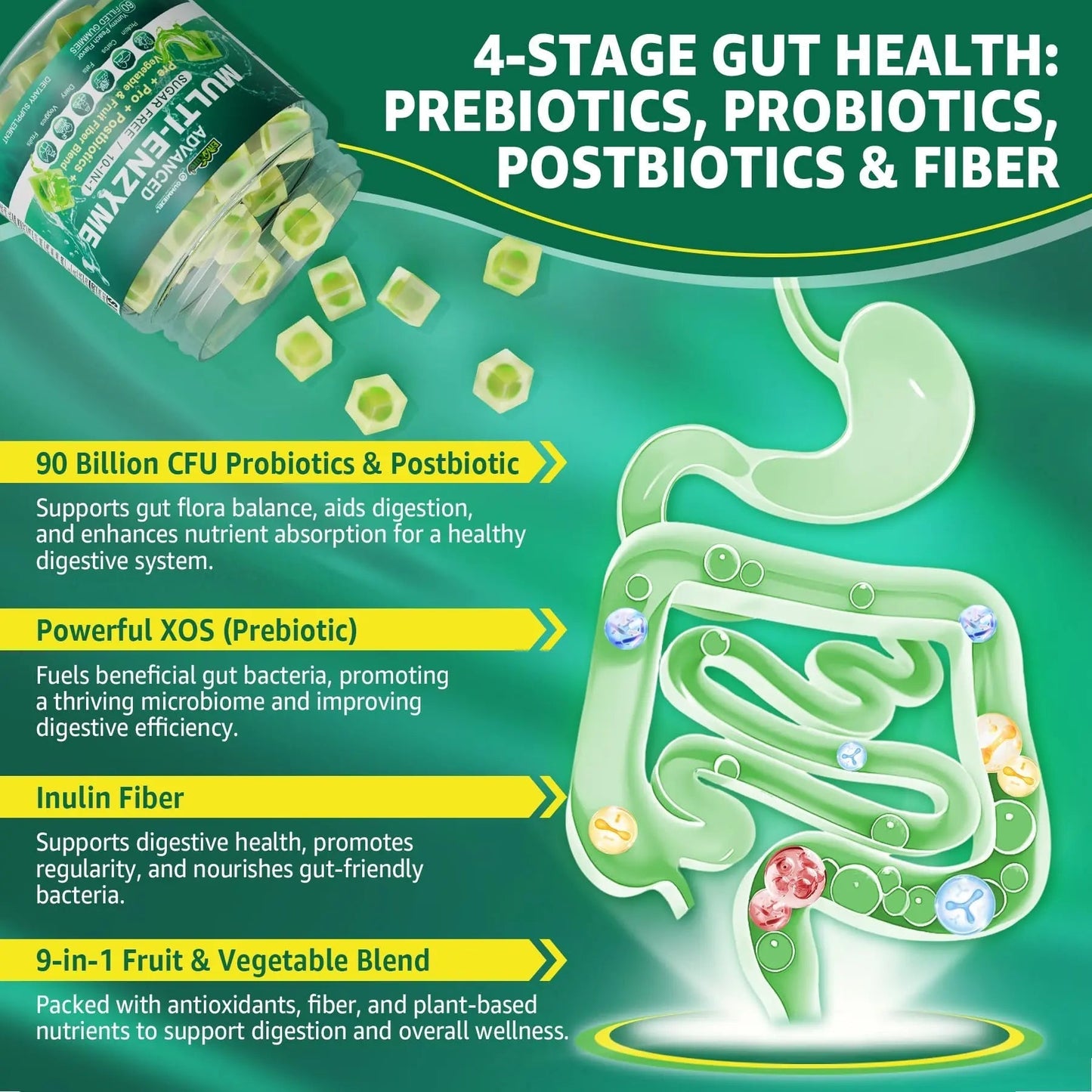 Digestive Enzymes Gummies for Women & Men, Multi-Enzymes with 90Billion CFU Probiotics and Prebiotics & Postbiotic, Vegetable & Fruit Fiber Blend, Super Enzymes for Digestive & Gut Health,Immune,60Cts - Maple Wellness Supplements