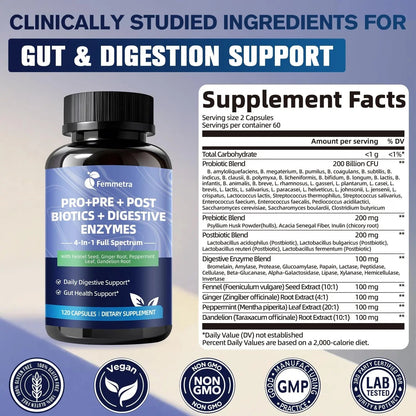 Digestive Enzymes Postbiotics Prebiotics Probiotics for Women Men, 200 Billion CFU 36 Probiotic Strains - Complete Gut, Digestive, Regularity, Gas, Bloating & Immune Support Supplement, Vegan, 60 Days - Maple Wellness Supplements