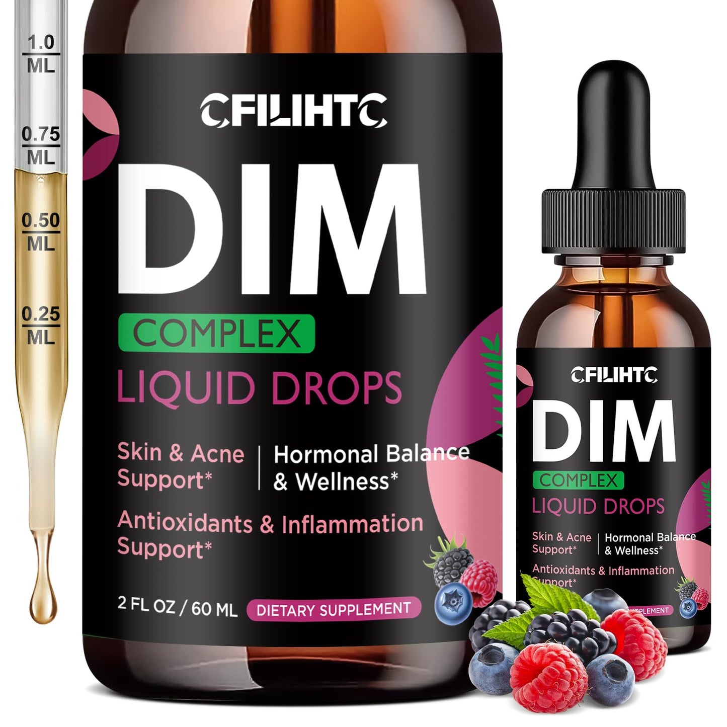 DIM Liquid Drops Supplement Women – Hormone Harmony for Women & Acne Supplements with Multivitamins, Inositol, Sulforaphane - Hormone Balance, Clear Skin & Mood Support, Mixed Berry Flavor 2 Fl Oz - Maple Wellness Supplements