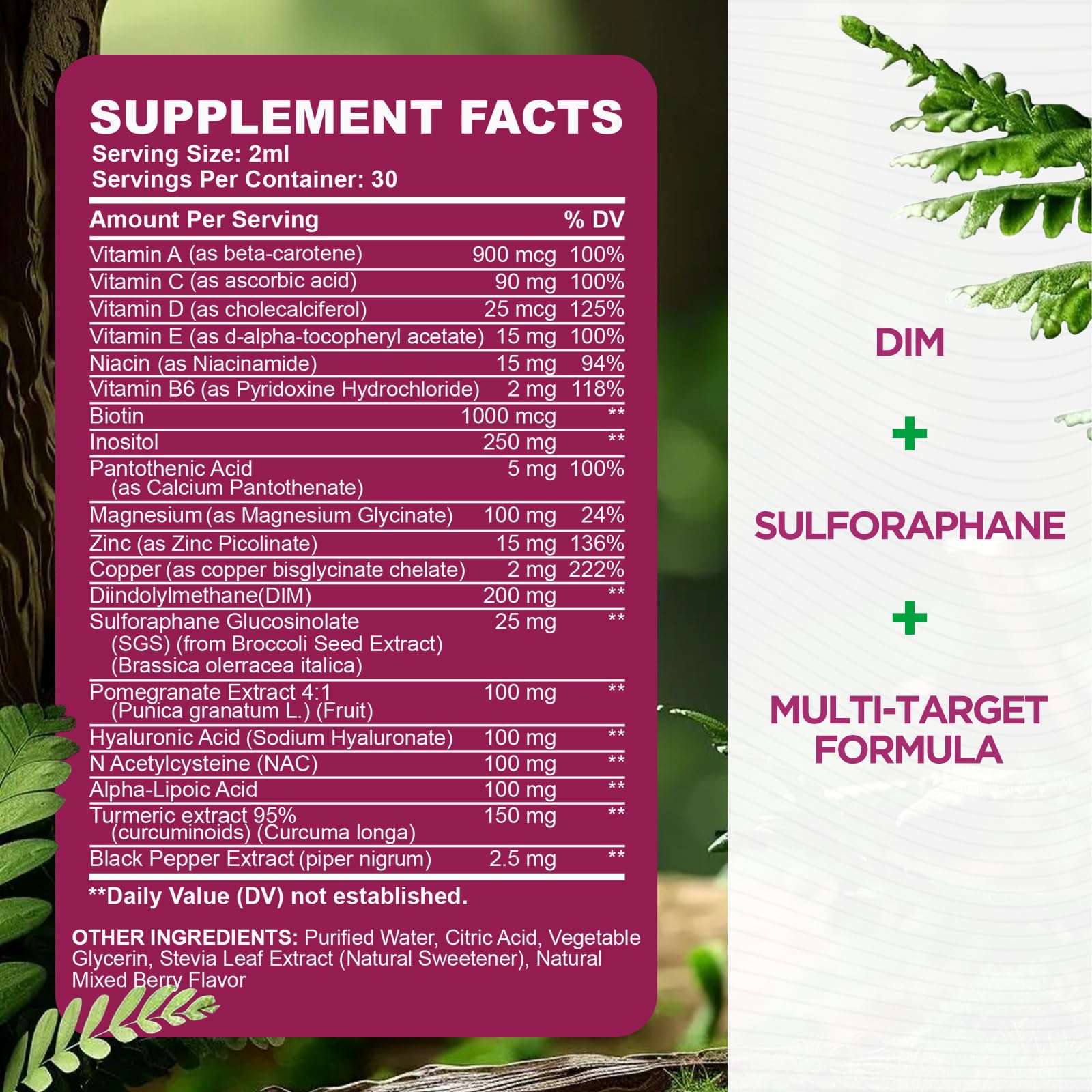 DIM Liquid Drops Supplement Women – Hormone Harmony for Women & Acne Supplements with Multivitamins, Inositol, Sulforaphane - Hormone Balance, Clear Skin & Mood Support, Mixed Berry Flavor 2 Fl Oz - Maple Wellness Supplements