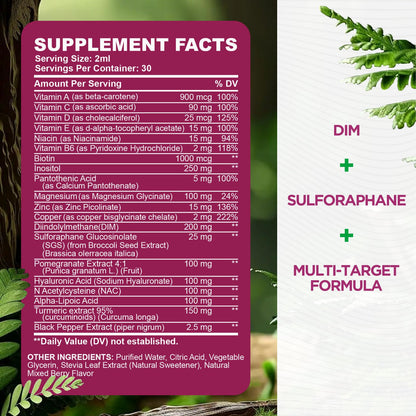 DIM Liquid Drops Supplement Women – Hormone Harmony for Women & Acne Supplements with Multivitamins, Inositol, Sulforaphane - Hormone Balance, Clear Skin & Mood Support, Mixed Berry Flavor 2 Fl Oz - Maple Wellness Supplements