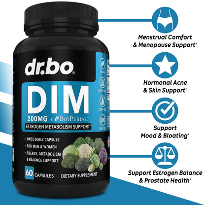 DIM Supplement for Women & Men 200mg - Androgen Estrogen Blocker for Men & Women, Hormonal Acne Pills, Hormone Balance, Menopause Support, Diindolylmethane DIM Supplement Plus BioPerine - 60 Capsules - Maple Wellness Supplements