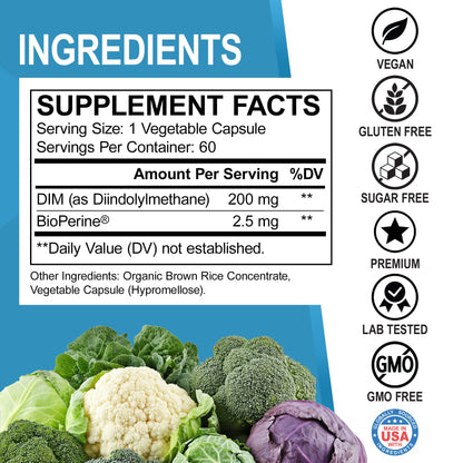 DIM Supplement for Women & Men 200mg - Androgen Estrogen Blocker for Men & Women, Hormonal Acne Pills, Hormone Balance, Menopause Support, Diindolylmethane DIM Supplement Plus BioPerine - 60 Capsules - Maple Wellness Supplements