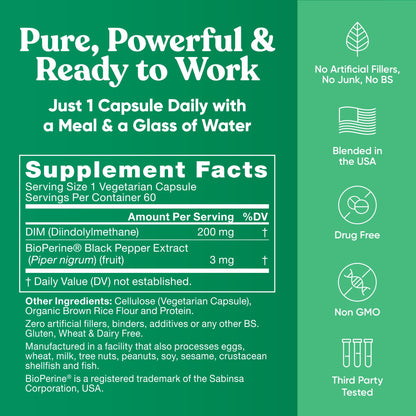 DIM Supplement Pure 200 Mg for Women or Men – Estrogen Hormone Balance Supplement for Energy, Fatigue, Stress, Menopause, Hot Flashes – Enhanced Bioavailability BioPerine – 60 Vegan Soft Capsules - Maple Wellness Supplements