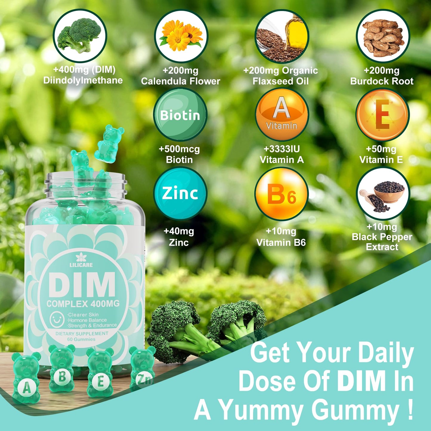 DIM Supplement Women 400mg, Estrogen Supplement for Women, Sugar Free DIM Gummies for Men & Women w/ Biotin, Flaxseed Oil, Burdock, Calendula, BioPerine for Hormone Balance, Menopause & Prostate 60Cts - Maple Wellness Supplements