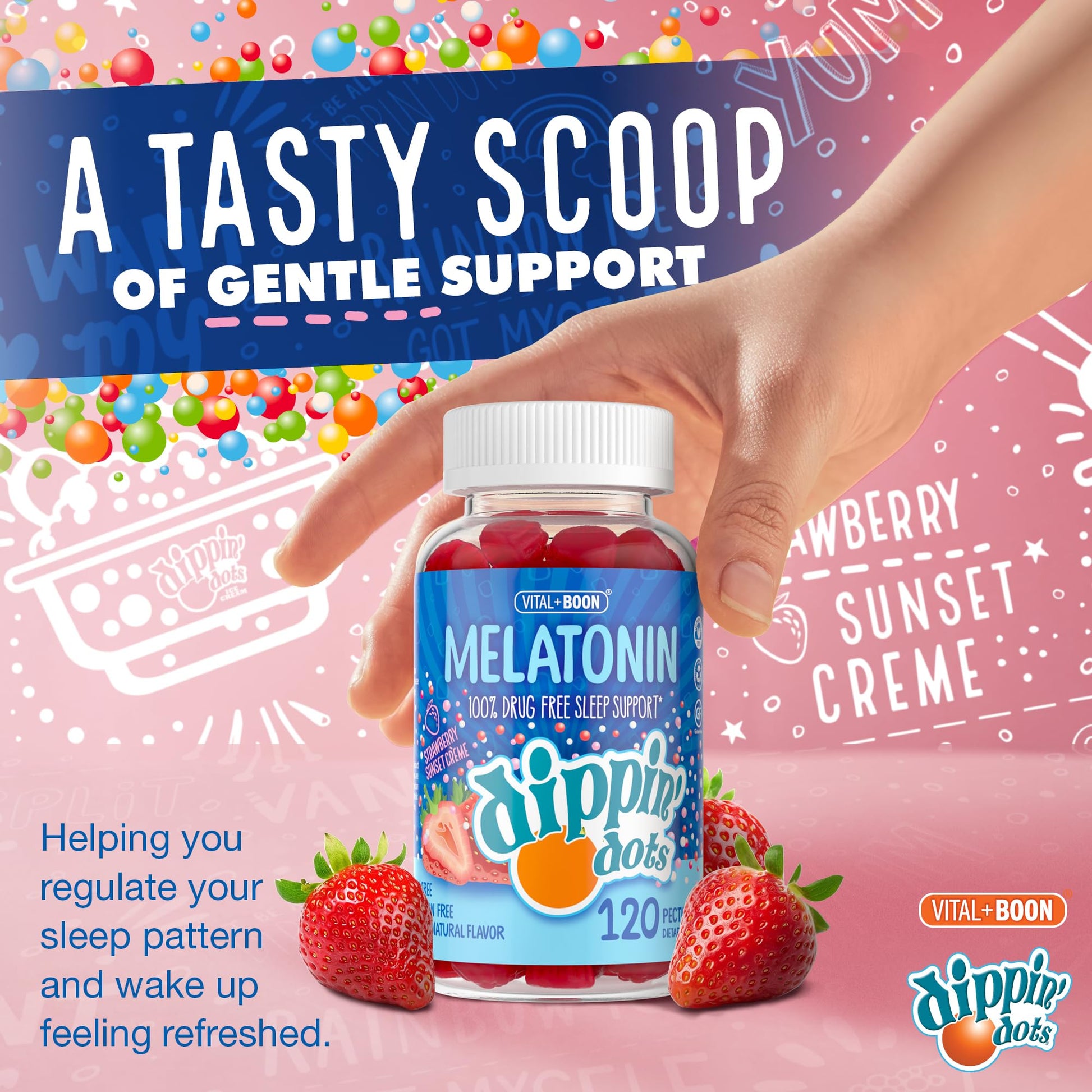 Dippin Dots - Melatonin Gummies for Kids & Adults (60 Days Supply) Strawberry Sunset Creme Flavor | 2.5mg Per Kids Melatonin Supplement for Faster, - Maple Wellness Supplements