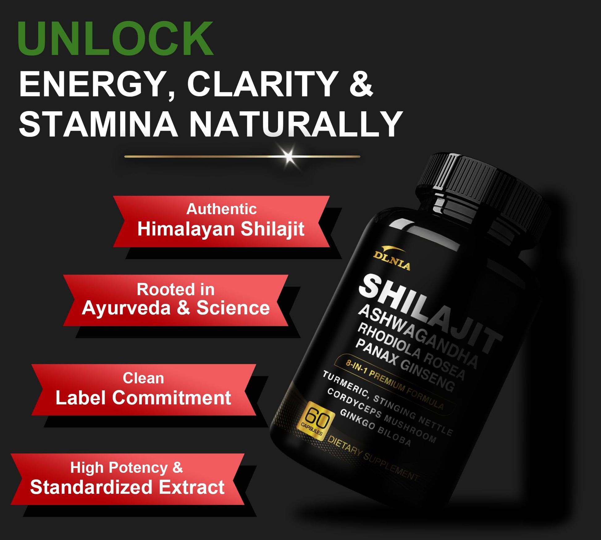 DLNIA 8-in-1 Shilajit for Men & Women with Ashwaganda Himalayan Organic Supplement with Rhodiola Rosea, Ginseng, Turmeric, Mushroom, for Immune Support, Energy, Calm, Focus, Clarity, Sleep, Cortisol - Maple Wellness Supplements