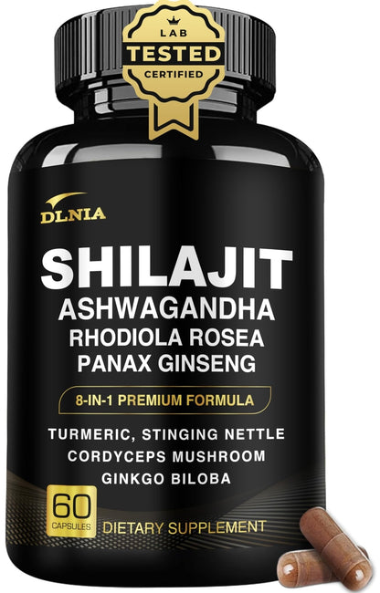 DLNIA 8-in-1 Shilajit for Men & Women with Ashwaganda Himalayan Organic Supplement with Rhodiola Rosea, Ginseng, Turmeric, Mushroom, for Immune Support, Energy, Calm, Focus, Clarity, Sleep, Cortisol - Maple Wellness Supplements