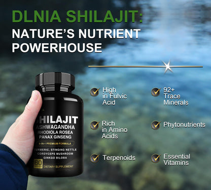 DLNIA 8-in-1 Shilajit for Men & Women with Ashwaganda Himalayan Organic Supplement with Rhodiola Rosea, Ginseng, Turmeric, Mushroom, for Immune Support, Energy, Calm, Focus, Clarity, Sleep, Cortisol - Maple Wellness Supplements