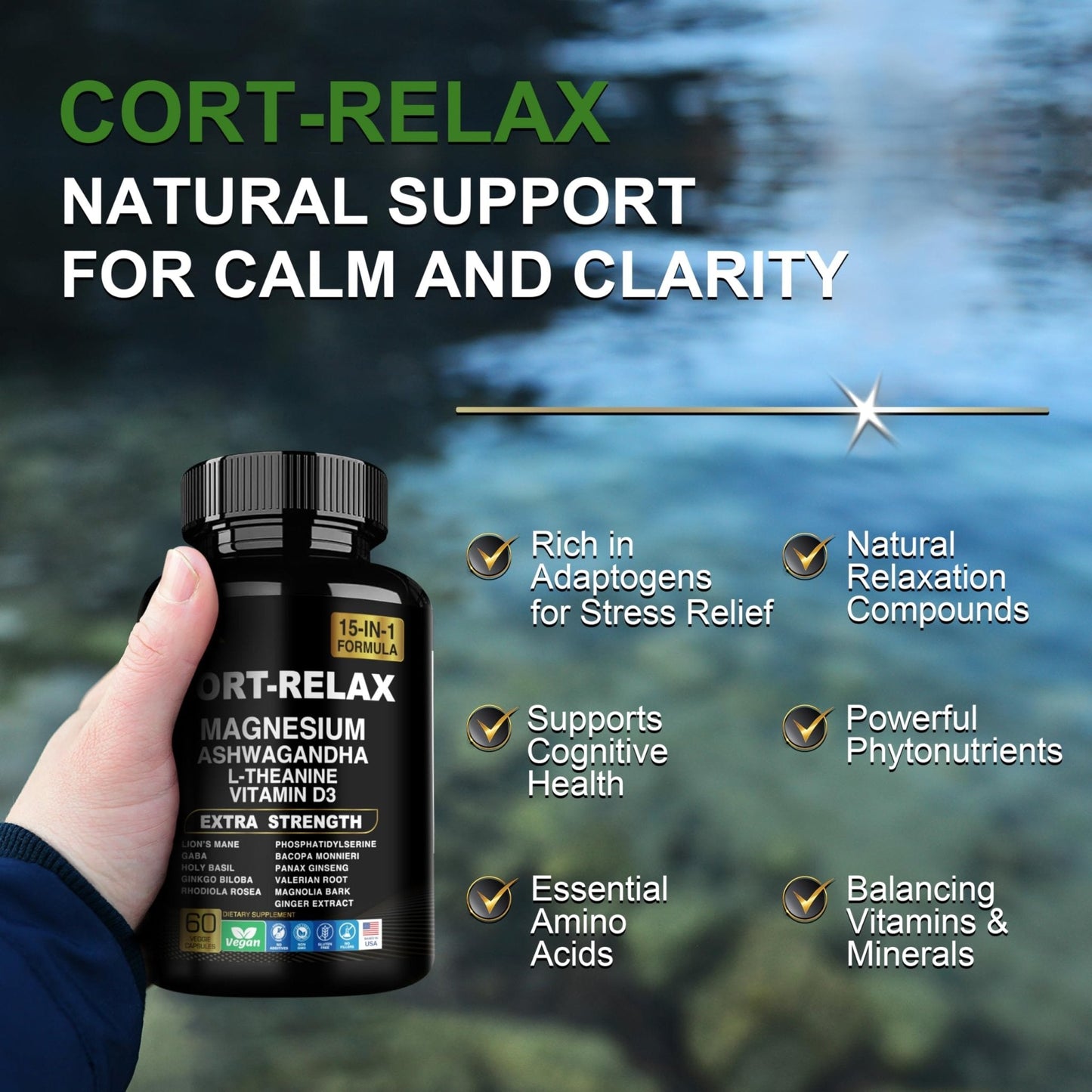 DLNIA Super Calm Cortisol Supplement with Magnesium Glycinate, Ashwagandha KSM-66, L-Theanine, Phosphatidylserine, Ginkgo Biloba & Lions Mane for Calm, Focus, Mental Clarity, Relaxation, Sleep, Energy - Maple Wellness Supplements