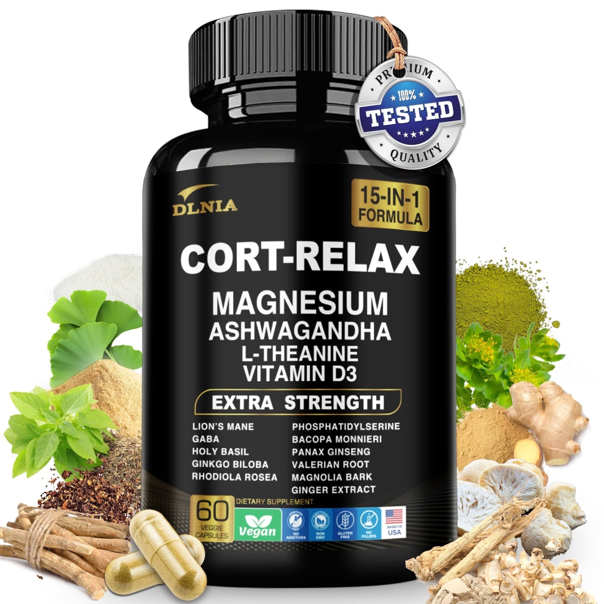 DLNIA Super Calm Cortisol Supplement with Magnesium Glycinate, Ashwagandha KSM-66, L-Theanine, Phosphatidylserine, Ginkgo Biloba & Lions Mane for Calm, Focus, Mental Clarity, Relaxation, Sleep, Energy - Maple Wellness Supplements