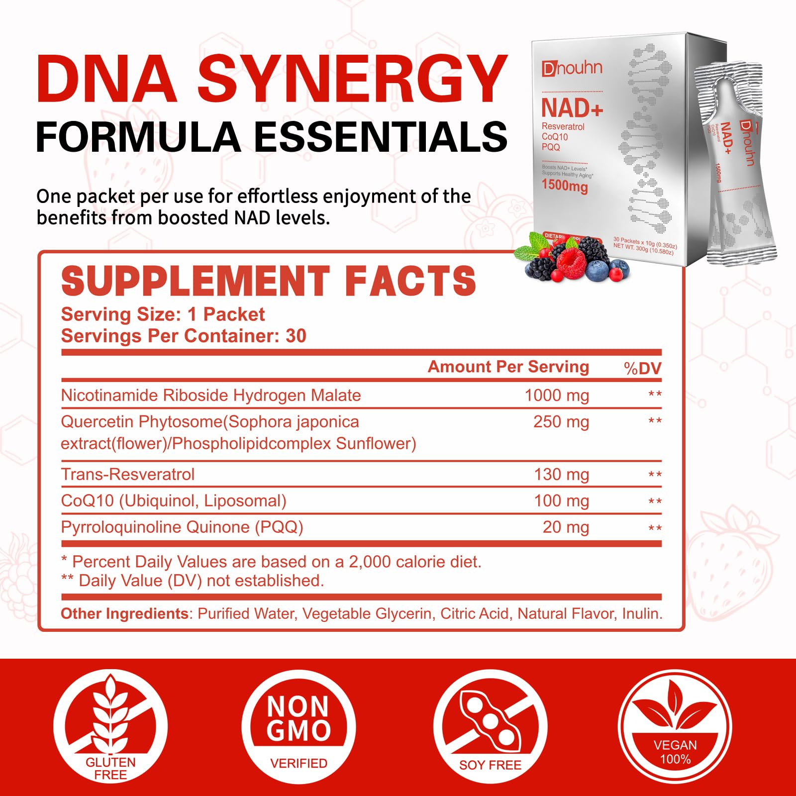 DNOUHN NAD Liquid Supplement 1500mg, Nicotinamide Riboside & Resveratrol with PQQ, NAD Supplement for Women & Men, Boosts Cellular Energy, Anti-Aging, Immune, Focus, 30 Packets - Maple Wellness Supplements