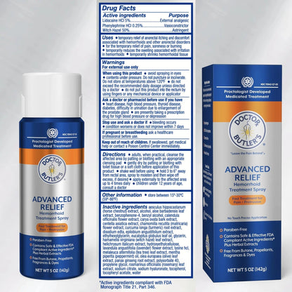Doctor Butler's Advanced Relief Hemorrhoid Spray – Advanced Relief Hemorrhoid Treatment Spray with Witch Hazel to Help with Sensitive Skin, Itch Relief, and Swelling Relief* (5oz) - Maple Wellness Supplements