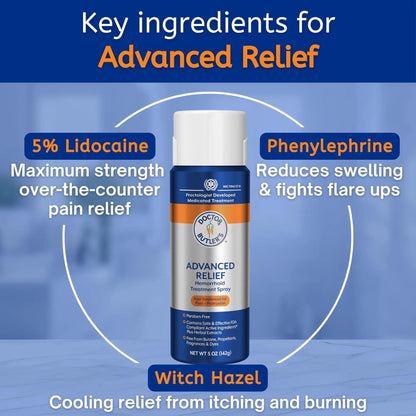 Doctor Butler's Advanced Relief Hemorrhoid Spray – Advanced Relief Hemorrhoid Treatment Spray with Witch Hazel to Help with Sensitive Skin, Itch Relief, and Swelling Relief* (5oz) - Maple Wellness Supplements