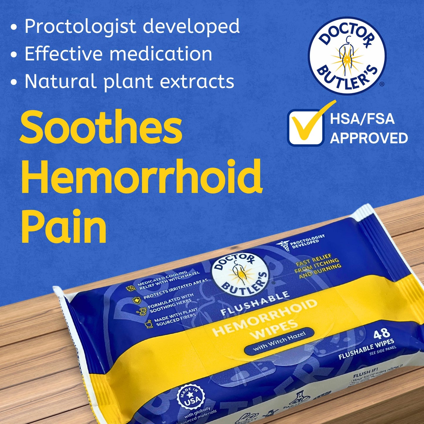 Doctor Butler's Flushable Hemorrhoid Wipes – Flushable Wipes with Witch Hazel to Soothe and Bring Relief from Discomfort Associated with Hemorrhoids (48 Wipes) - Maple Wellness Supplements