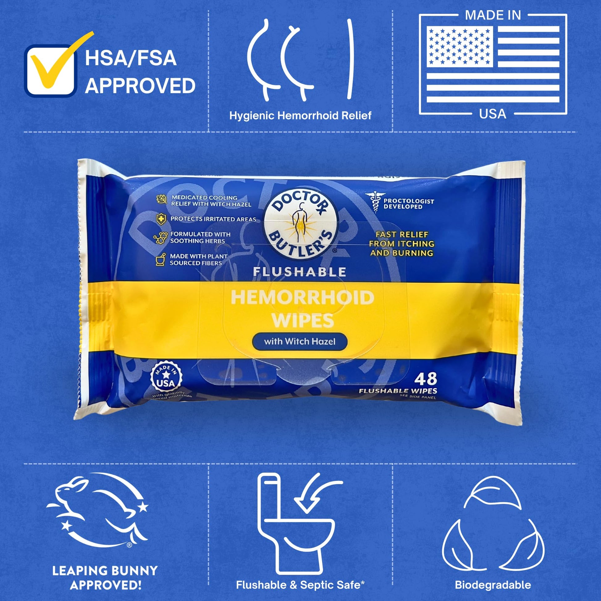 Doctor Butler's Flushable Hemorrhoid Wipes – Flushable Wipes with Witch Hazel to Soothe and Bring Relief from Discomfort Associated with Hemorrhoids (48 Wipes) - Maple Wellness Supplements