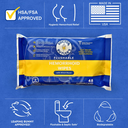 Doctor Butler's Flushable Hemorrhoid Wipes – Flushable Wipes with Witch Hazel to Soothe and Bring Relief from Discomfort Associated with Hemorrhoids (48 Wipes) - Maple Wellness Supplements