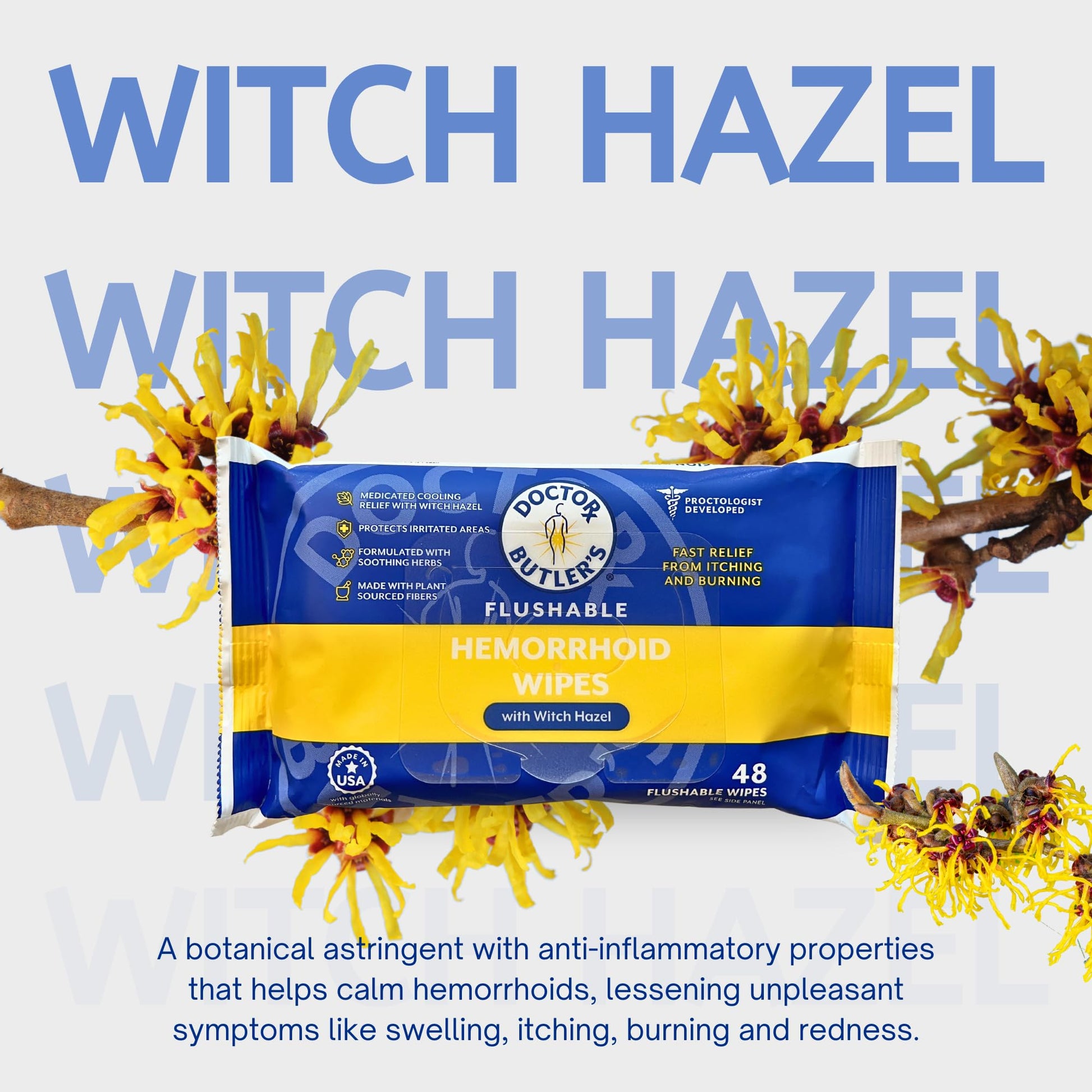 Doctor Butler's Flushable Hemorrhoid Wipes – Flushable Wipes with Witch Hazel to Soothe and Bring Relief from Discomfort Associated with Hemorrhoids (48 Wipes) - Maple Wellness Supplements