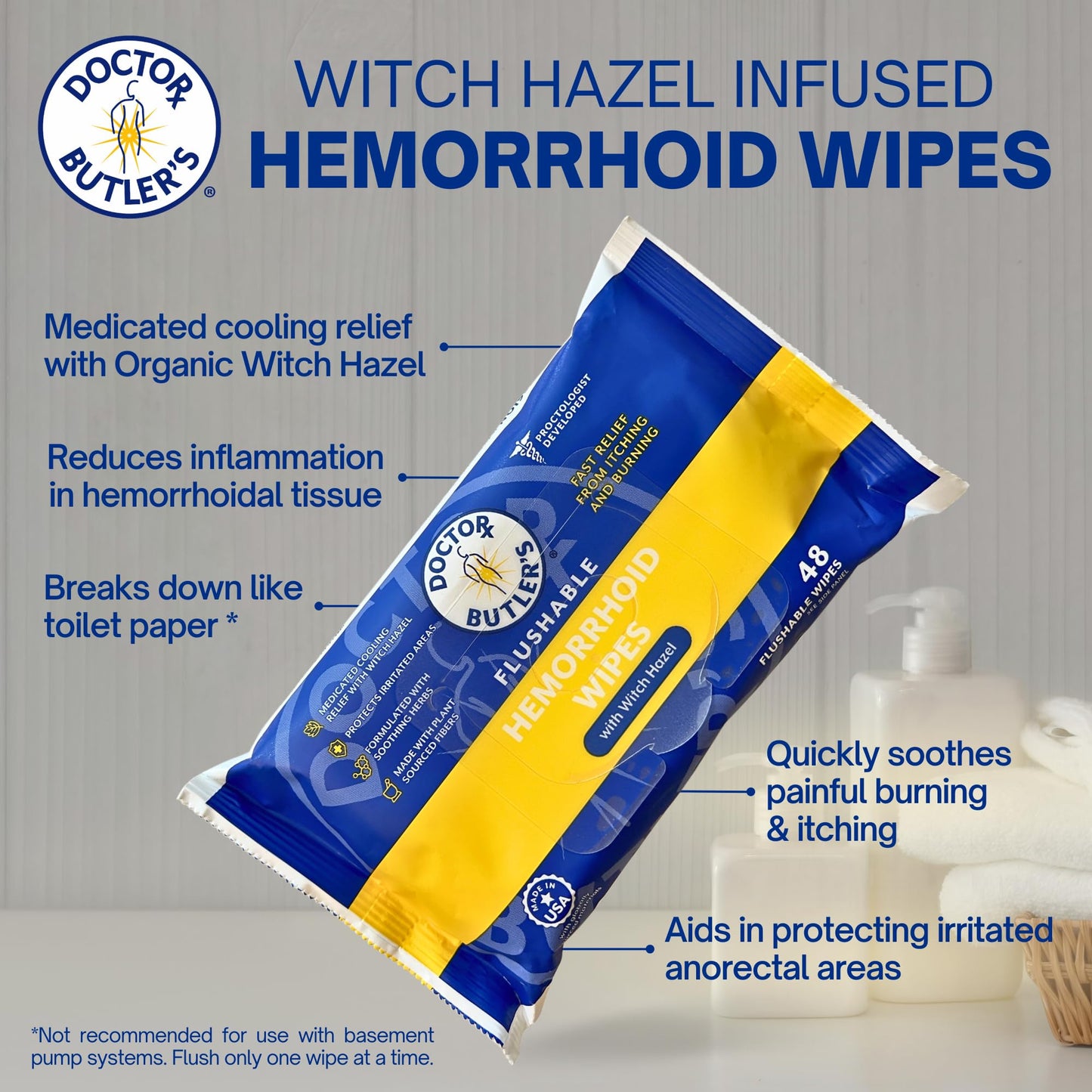 Doctor Butler's Flushable Hemorrhoid Wipes – Flushable Wipes with Witch Hazel to Soothe and Bring Relief from Discomfort Associated with Hemorrhoids (48 Wipes) - Maple Wellness Supplements