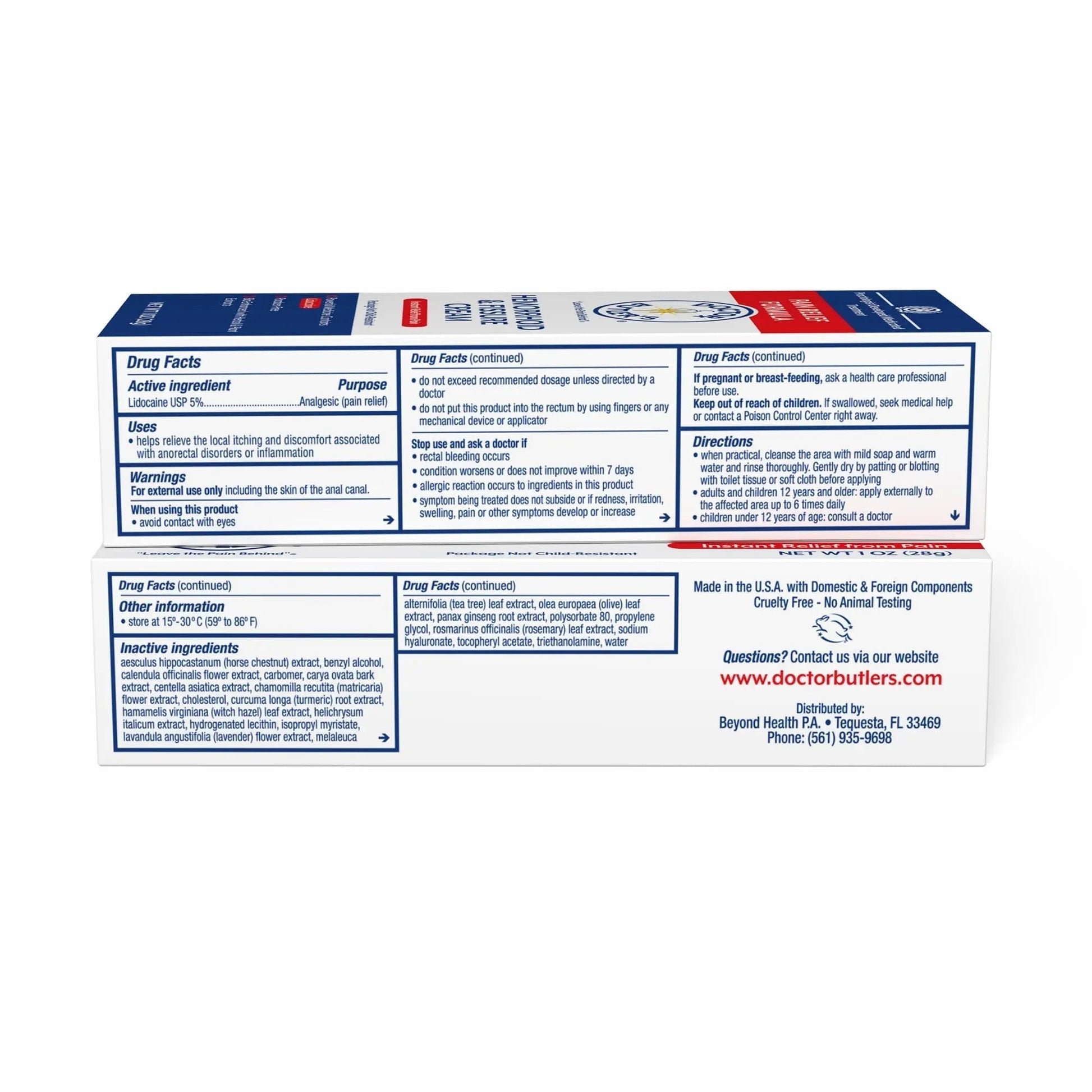 Doctor Butler's Hemorrhoid & Fissure Cream – Instant Pain Relief Hemorrhoid Treatment with Lidocaine, Fast Acting Hemorrhoid Cream for Relief from External Itching and Burning (1 oz.) - Maple Wellness Supplements