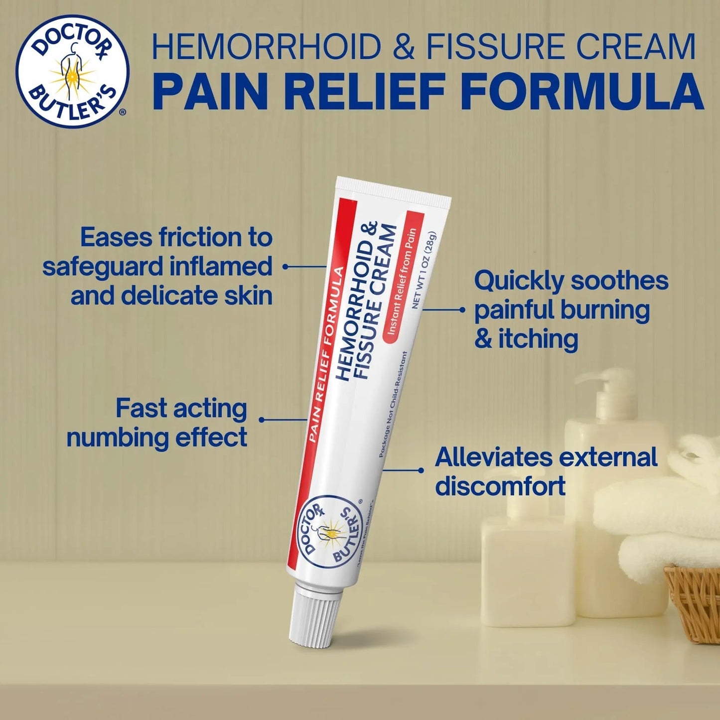 Doctor Butler's Hemorrhoid & Fissure Cream – Instant Pain Relief Hemorrhoid Treatment with Lidocaine, Fast Acting Hemorrhoid Cream for Relief from External Itching and Burning (1 oz.) - Maple Wellness Supplements