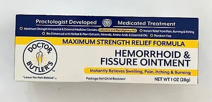 Doctor Butler’s Hemorrhoid & Fissure Ointment – Hemorrhoid Treatment and Hemorrhoid Cream with Lidocaine and Phenylephrine HCI for Fast Acting Relief of Pain, Swelling, Discomfort, and Itching (1 oz.) - Maple Wellness Supplements