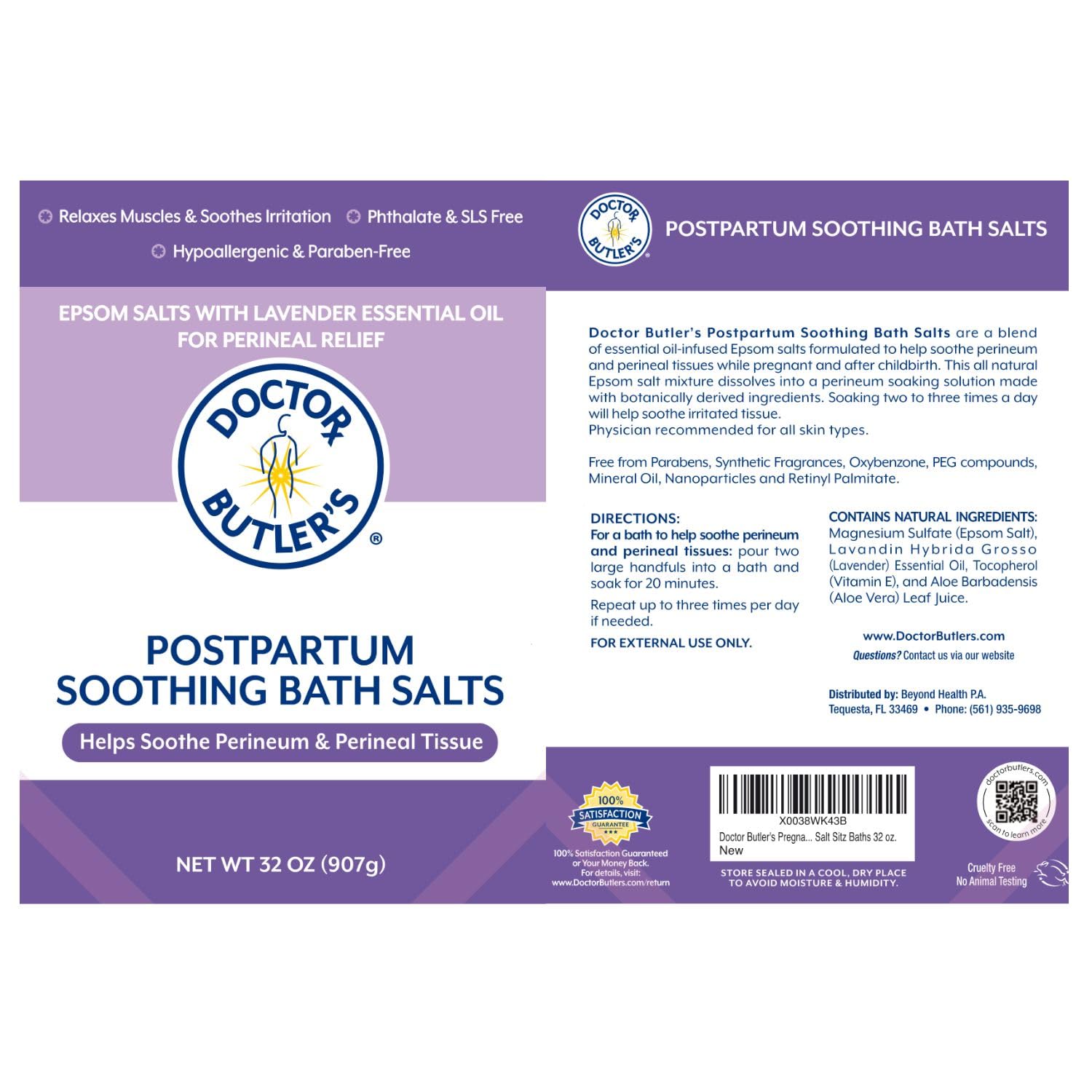 Doctor Butler’s Postpartum Soothing Bath Salts – Epsom Bath Salts for Women for Postpartum Recovery, Hemorrhoids, Discomfort, and Helps Soothe Perineum and Perineal Tissues After Birth (32 oz.) - Maple Wellness Supplements