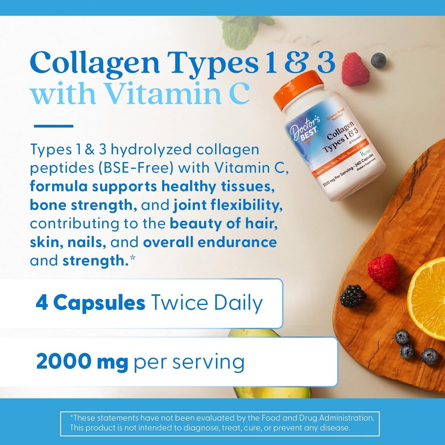 Doctor's Best Collagen Types 1 & 3 with Vitamin C, Non-GMO, Gluten Free, Soy Free, Supports Hair, Skin, Nails, Tendons & Bones, 500 mg, 240 Caps (DRB-00263) - Maple Wellness Supplements