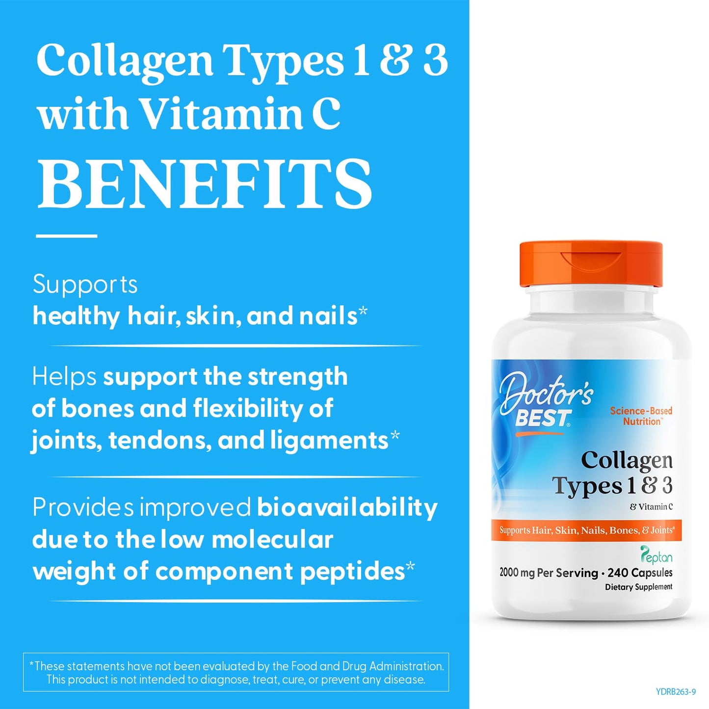 Doctor's Best Collagen Types 1 & 3 with Vitamin C, Non-GMO, Gluten Free, Soy Free, Supports Hair, Skin, Nails, Tendons & Bones, 500 mg, 240 Caps (DRB-00263) - Maple Wellness Supplements