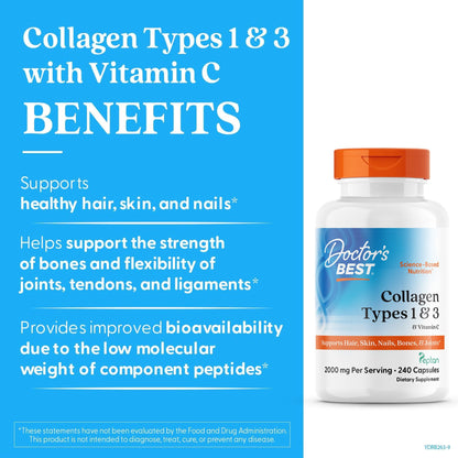 Doctor's Best Collagen Types 1 & 3 with Vitamin C, Non-GMO, Gluten Free, Soy Free, Supports Hair, Skin, Nails, Tendons & Bones, 500 mg, 240 Caps (DRB-00263) - Maple Wellness Supplements