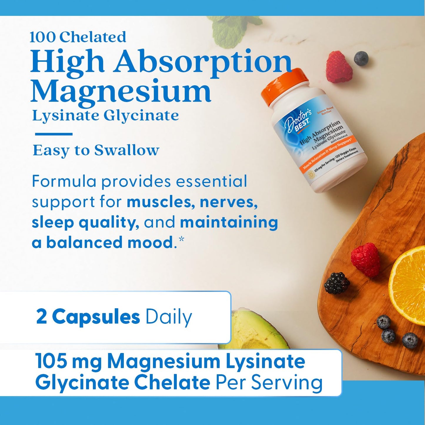 Doctor's Best High Absorption Magnesium Glycinate Lysinate Supplement for Sleep Support - Chelated Magnesium Capsules for Women & Men, 105 mg per Serving, Calm Support, Vegan - 120 Veg Caps - Maple Wellness Supplements