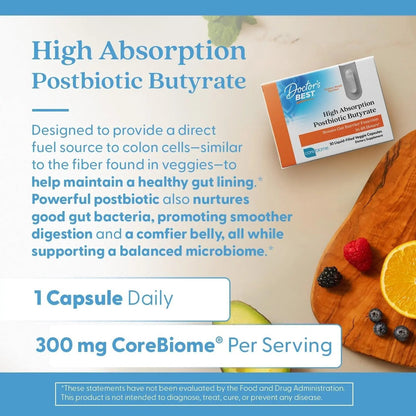 Doctor's BEST High Absorption Postbiotic Butyrate Featuring Corebiome, Gut & Immune Health, Non-GMO, Gluten Free, Soy Free, Vegan, 30 Liquid Veggie Caps - Maple Wellness Supplements
