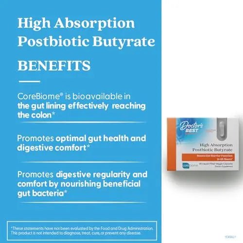 Doctor's BEST High Absorption Postbiotic Butyrate Featuring Corebiome, Gut & Immune Health, Non-GMO, Gluten Free, Soy Free, Vegan, 30 Liquid Veggie Caps - Maple Wellness Supplements