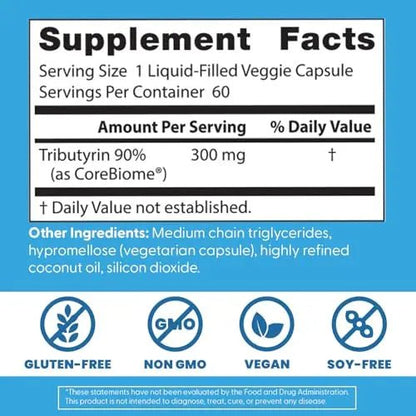 Doctor's BEST High Absorption Postbiotic Butyrate Featuring Corebiome, Gut & Immune Health, Non-GMO, Gluten Free, Soy Free, Vegan, 30 Liquid Veggie Caps - Maple Wellness Supplements