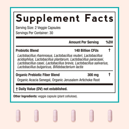Doctor's Recipes Probiotics for Women, Organic Prebiotics and Probiotics for Digestive Health, Vaginal Health, 140 Billion CFU, 10 Strains, Shelf Stable, 60 Capsules - Maple Wellness Supplements
