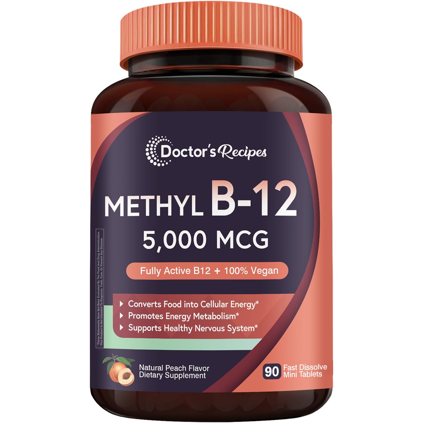 Doctor's Recipes Vitamin B12, Methylcobalamin 5000 mcg 90 Fast Dissolve Tablets, Natural Peach Flavor, Vegan Methyl, Energy Metabolism & Nervous System - Maple Wellness Supplements