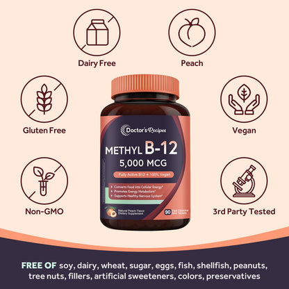Doctor's Recipes Vitamin B12, Methylcobalamin 5000 mcg 90 Fast Dissolve Tablets, Natural Peach Flavor, Vegan Methyl, Energy Metabolism & Nervous System - Maple Wellness Supplements