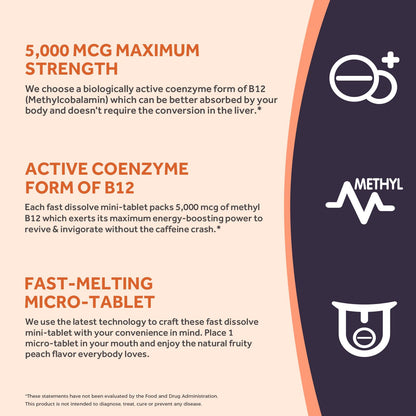 Doctor's Recipes Vitamin B12, Methylcobalamin 5000 mcg 90 Fast Dissolve Tablets, Natural Peach Flavor, Vegan Methyl, Energy Metabolism & Nervous System - Maple Wellness Supplements