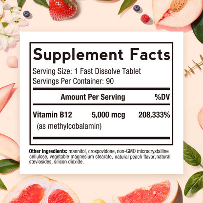 Doctor's Recipes Vitamin B12, Methylcobalamin 5000 mcg 90 Fast Dissolve Tablets, Natural Peach Flavor, Vegan Methyl, Energy Metabolism & Nervous System - Maple Wellness Supplements