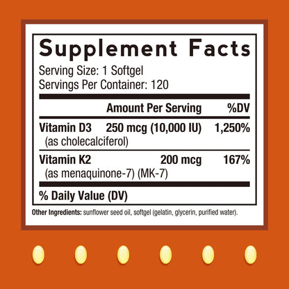Doctor's Recipes Vitamin D3 K2, 10,000 IU, 200 mcg, MK-7, Strong Bone Density, Teeth, Immune, Heart Support, Energy, Calcium Absorption, - Maple Wellness Supplements