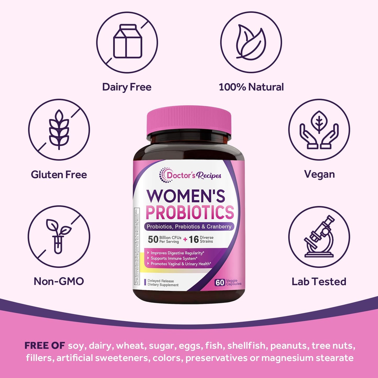 Doctor's Recipes Women's Probiotic, 60 Caps 50 Billion CFU 16 Strains, with Organic Cranberry, Digestive Immune Vaginal & Urinary Health, Shelf Stable - Maple Wellness Supplements