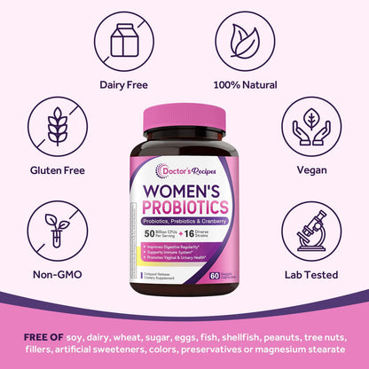 Doctor's Recipes Women's Probiotic, 60 Caps 50 Billion CFU 16 Strains, with Organic Cranberry, Digestive Immune Vaginal & Urinary Health, Shelf Stable - Maple Wellness Supplements